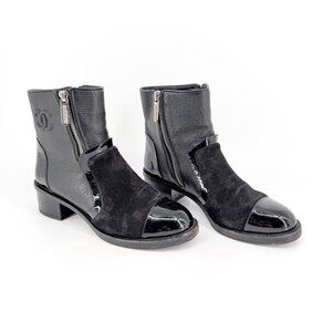 Chanel Black Suede Cap Toe CC Ankle Moto Boots Size 37.5 US 6.5–7 Women's